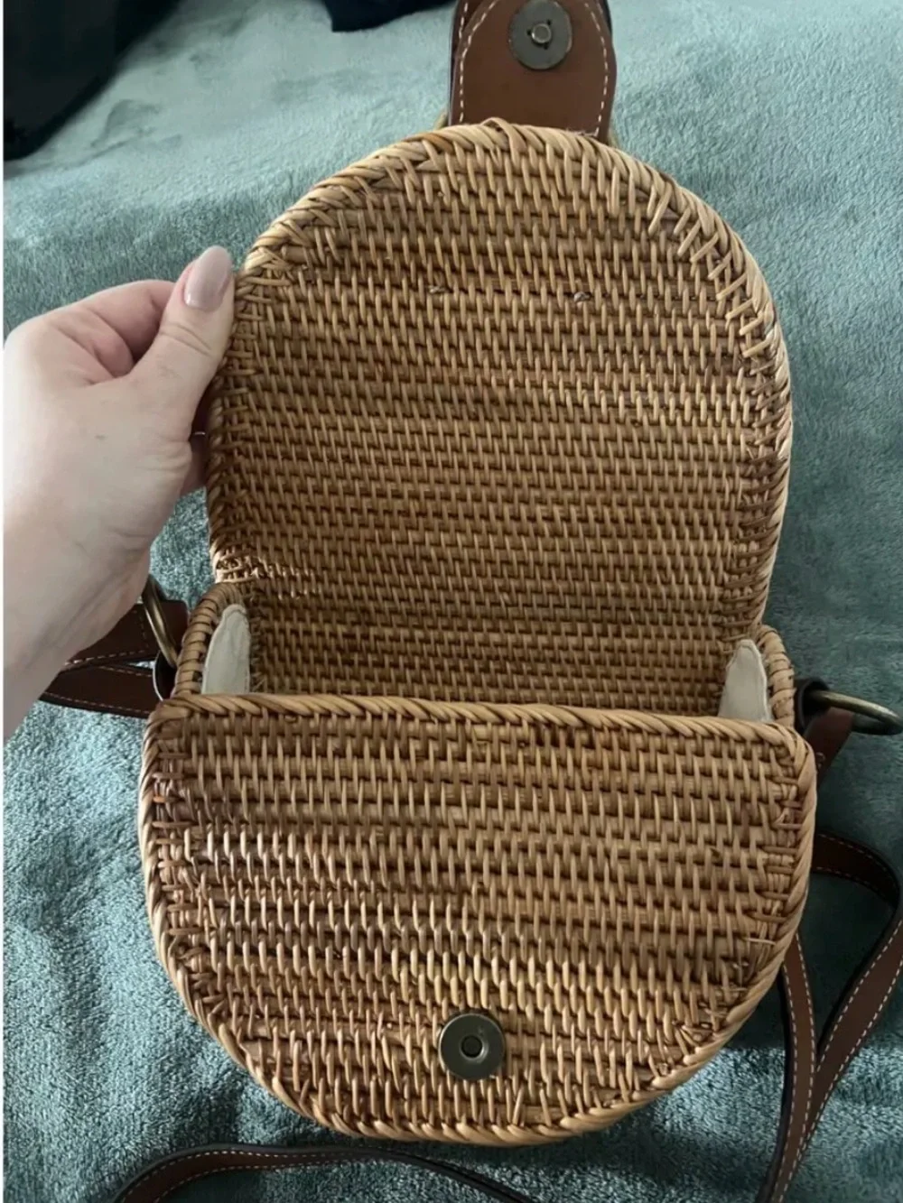 Massimo Dutti Brown Leather Rattan Wicker Crossbody Messenger Purse - Picture 5 of 7
